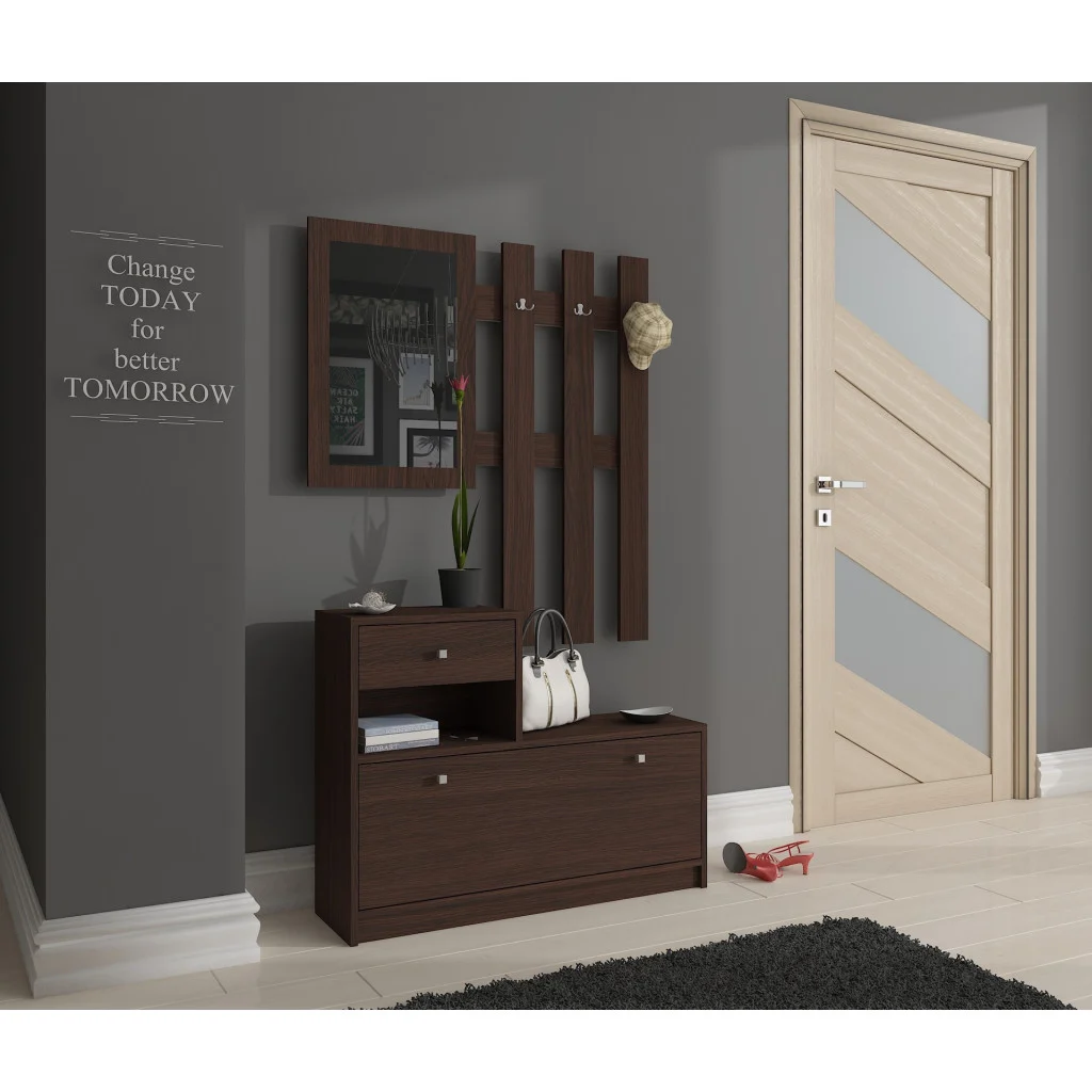 Set mobilier hol cu pantofar, oglinda, sertar si cuier metalic, PAL laminat, 90x25x170 cm, maro