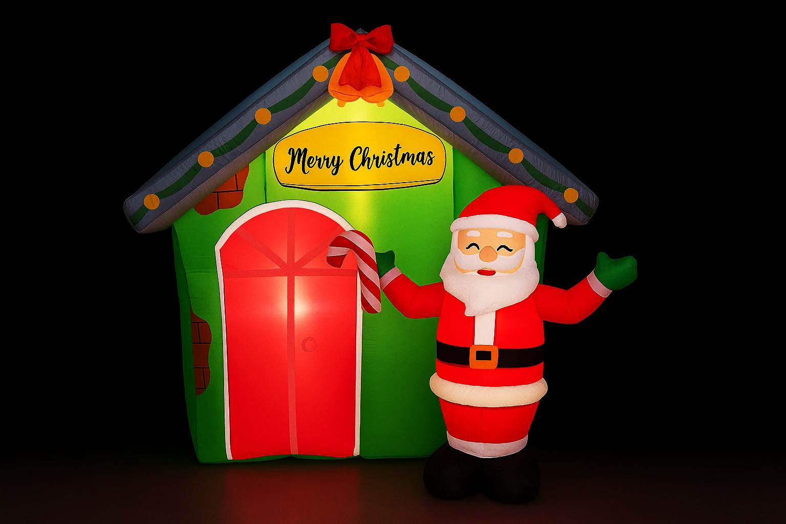 Decoratiune exterior gonflabila de Craciun cu Mos Craciun si casuta, iluminare LED, compresor integrat, 150 cm