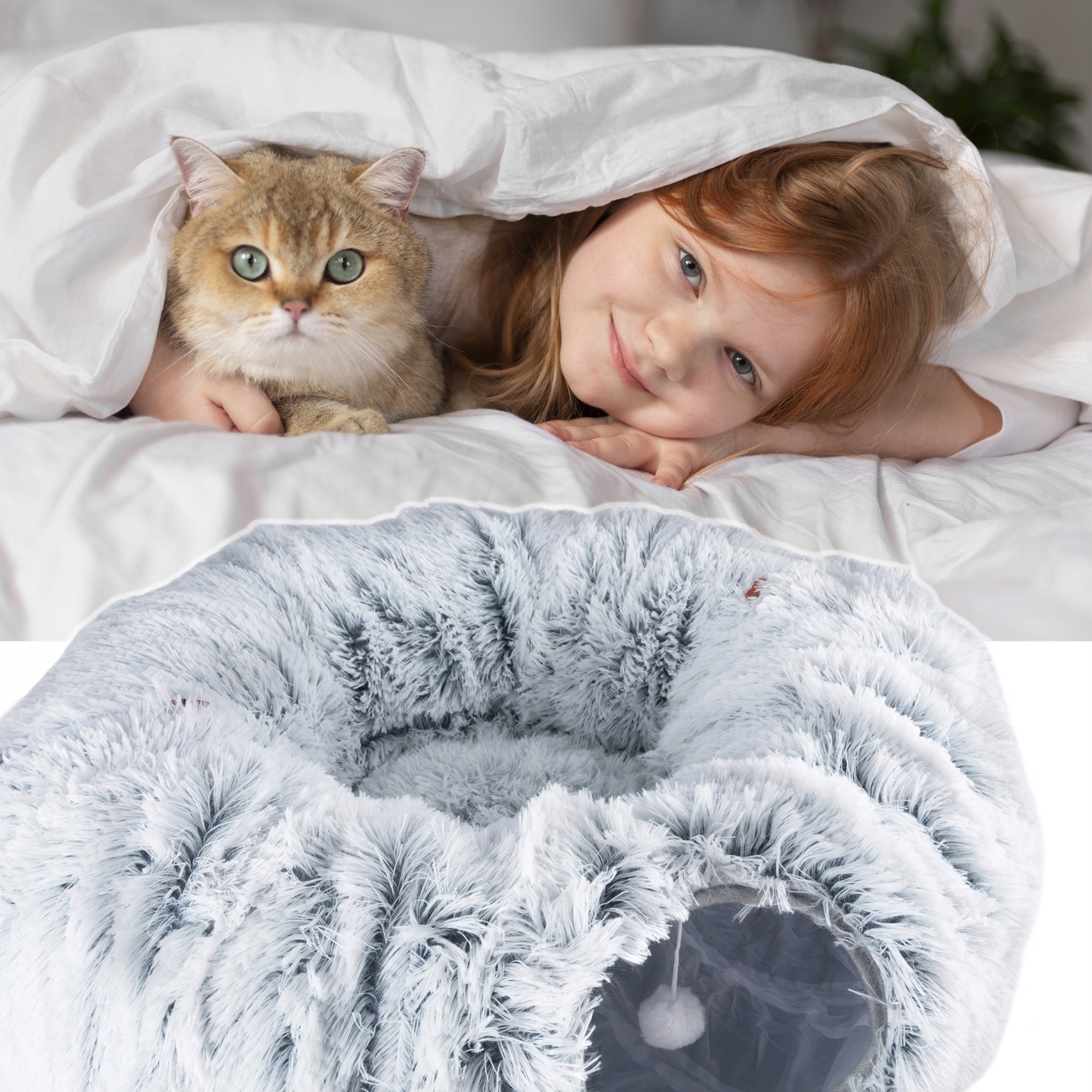 Tunel de joaca pentru pisici din plus, transformabil in pat rotund, 85 cm