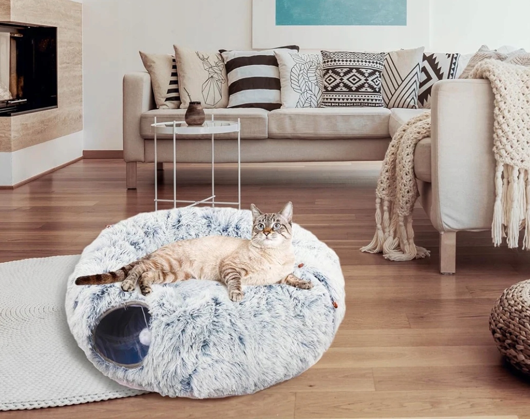 Tunel de joaca pentru pisici din plus, transformabil in pat rotund, 85 cm