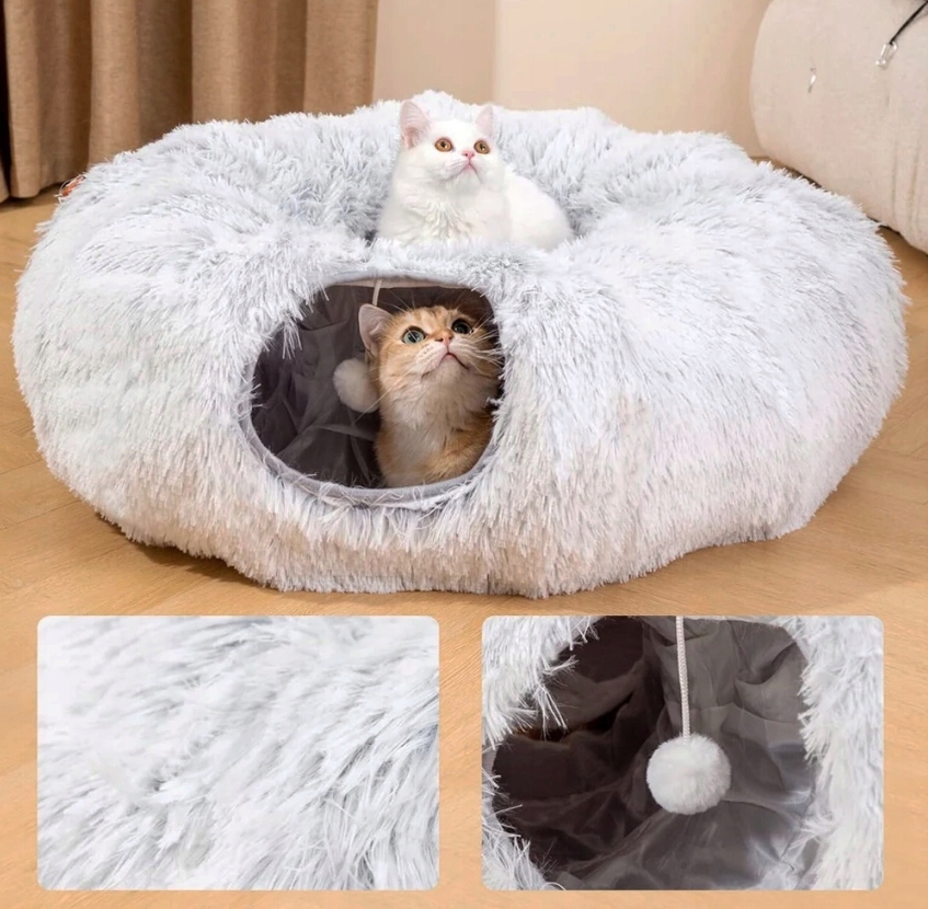 Tunel de joaca pentru pisici din plus, transformabil in pat rotund, 85 cm