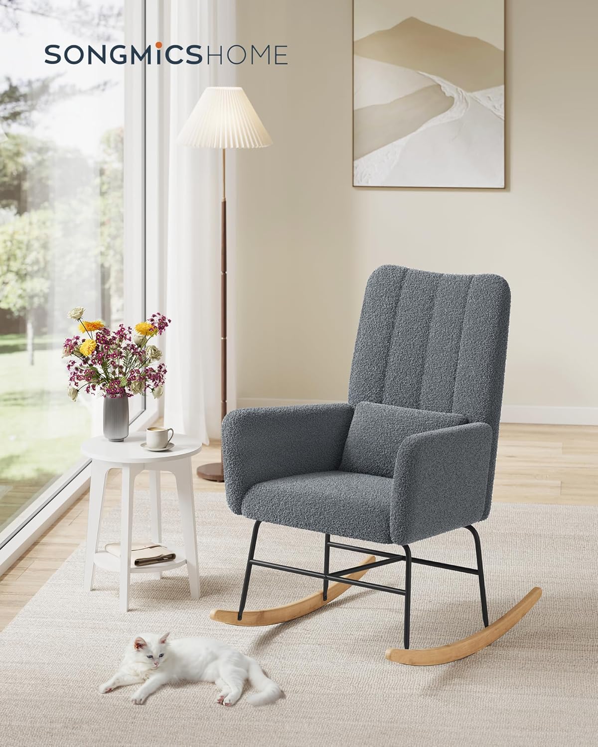 Fotoliu balansoar SONGMICS cu brate, fleece gri, cadru otel, 136 kg