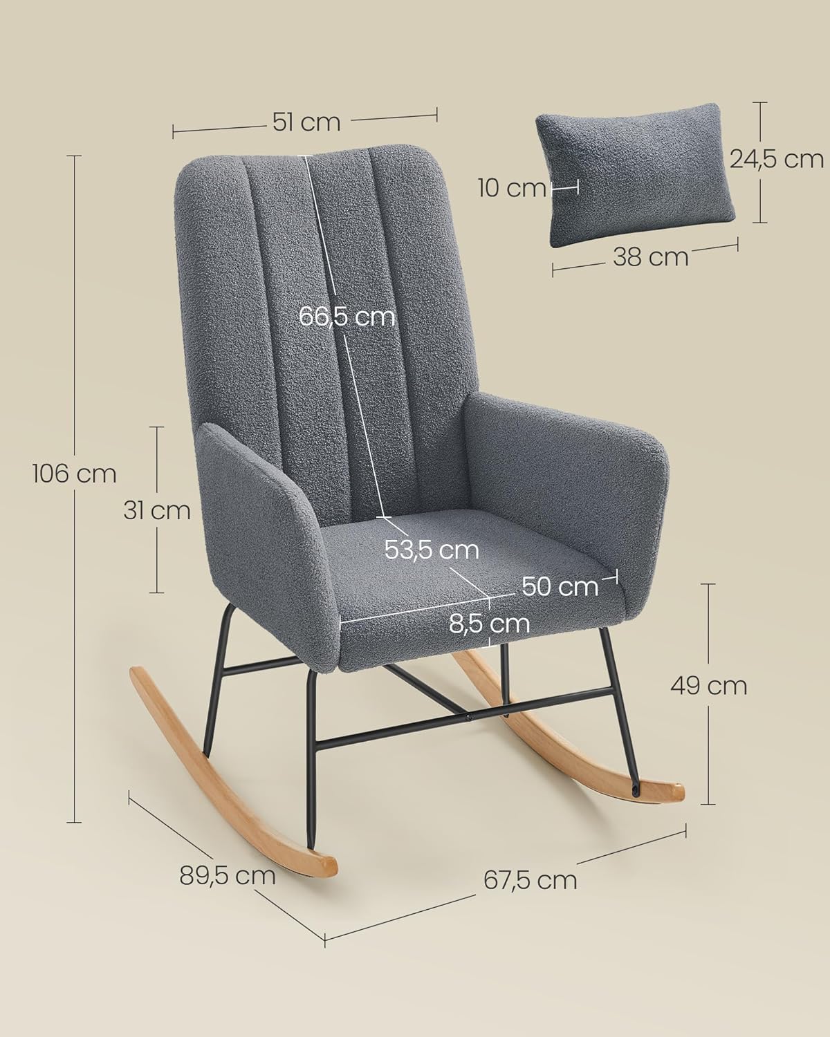 Fotoliu balansoar SONGMICS cu brate, fleece gri, cadru otel, 136 kg