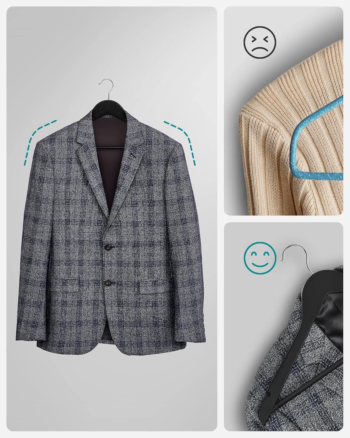 Set 10 umerase din lemn SONGMICS, negre, cu bara antialunecare