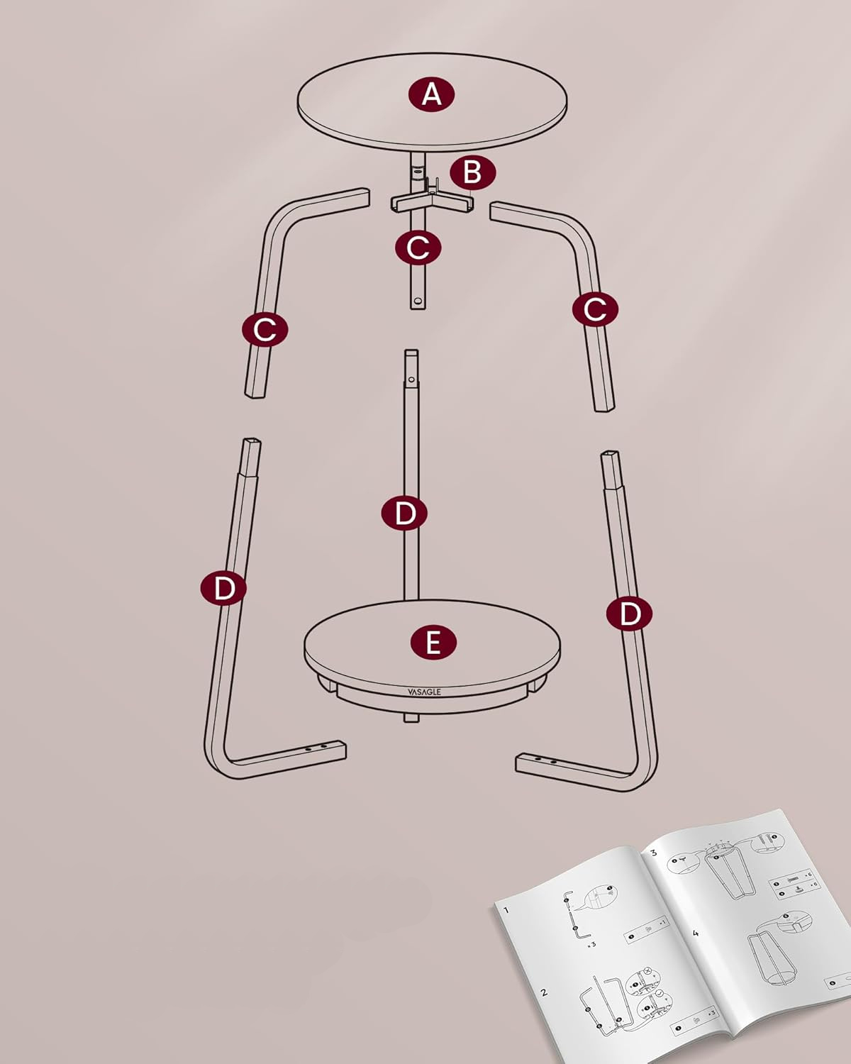 Măsuță noptieră rotundă VASAGLE, sticlă securizată și raft, alb marmură