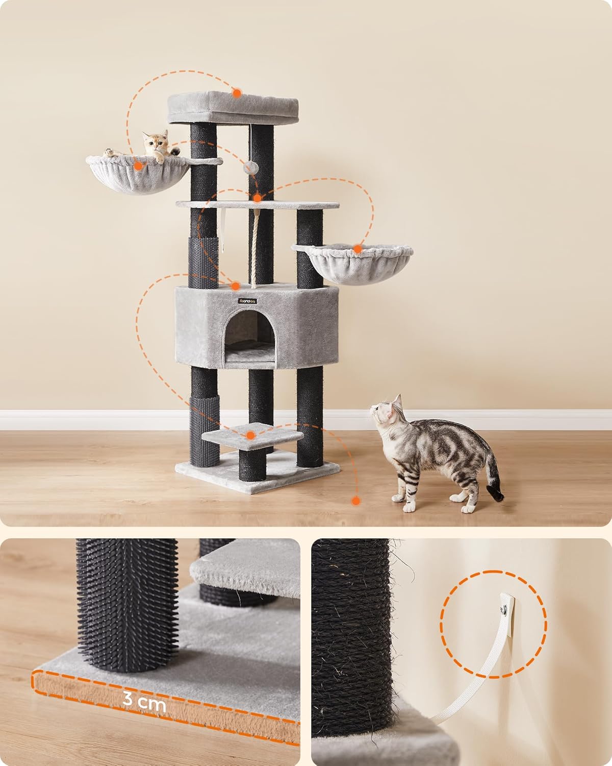 Ansamblu de joaca pentru pisici FEANDREA cu 9 stalpi sisal, 160 cm, gri