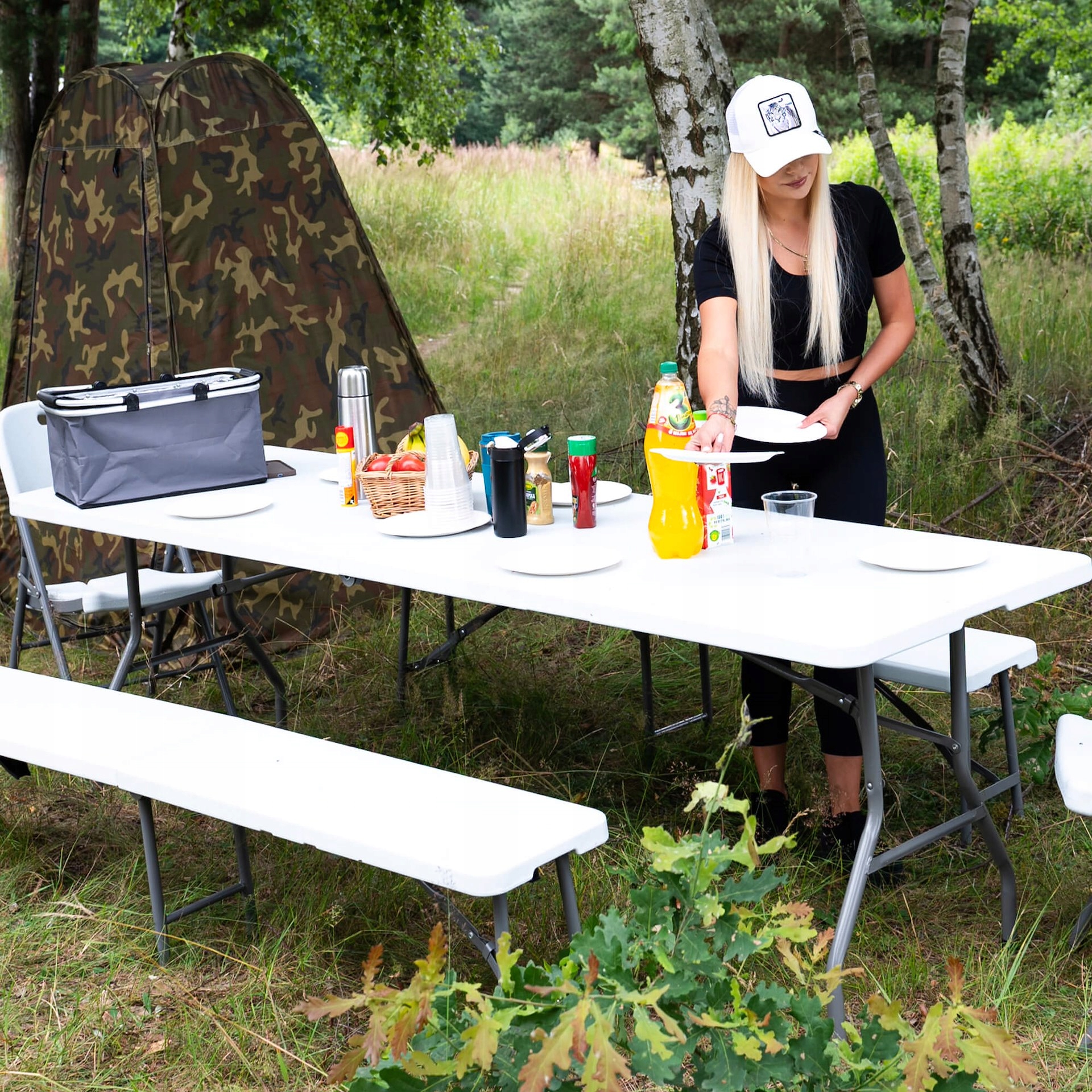 Banca pliabila cu maner, HDPE si cadru metalic, 180 cm, alb/gri