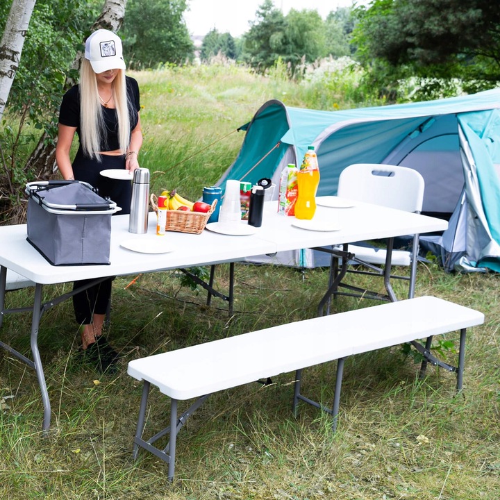 Banca pliabila cu maner, HDPE si cadru metalic, 180 cm, alb/gri