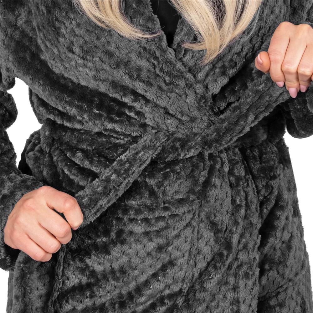 Halat de baie damă cu glugă, pufos, gri închis, mărimea S/M