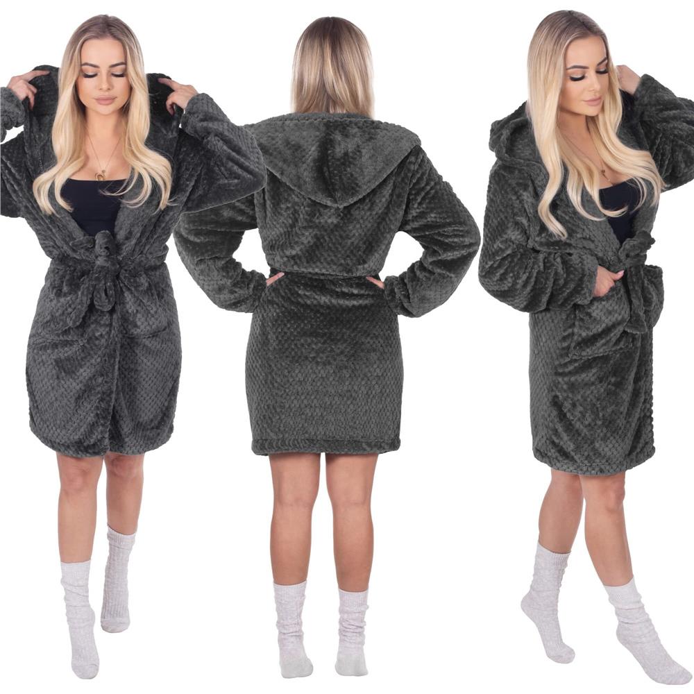 Halat de baie damă cu glugă, pufos, gri închis, mărimea S/M