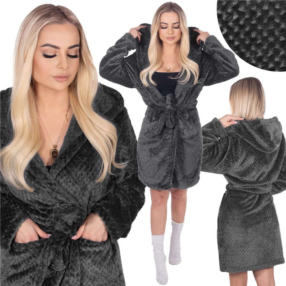 Halat de baie damă cu glugă, pufos, gri închis, mărimea S/M