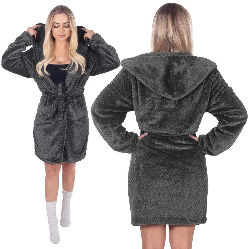 Halat de baie damă cu glugă, pufos, gri închis, mărimea S/M