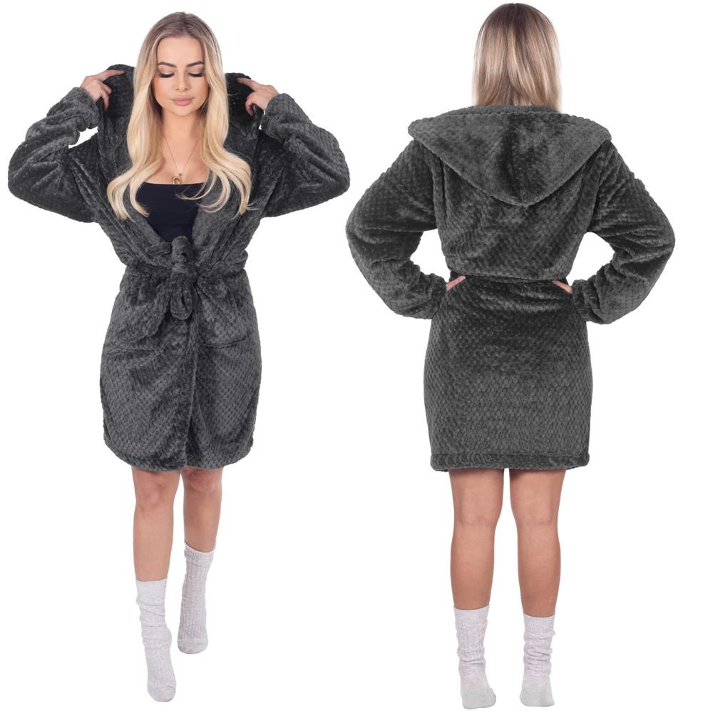 Halat de baie damă cu glugă, pufos, gri închis, mărimea S/M