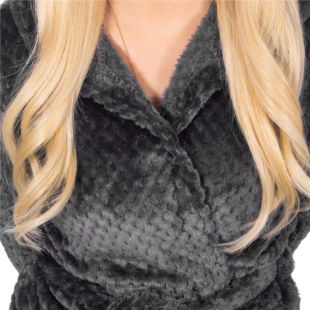 Halat de baie damă cu glugă, pufos, gri închis, mărimea S/M