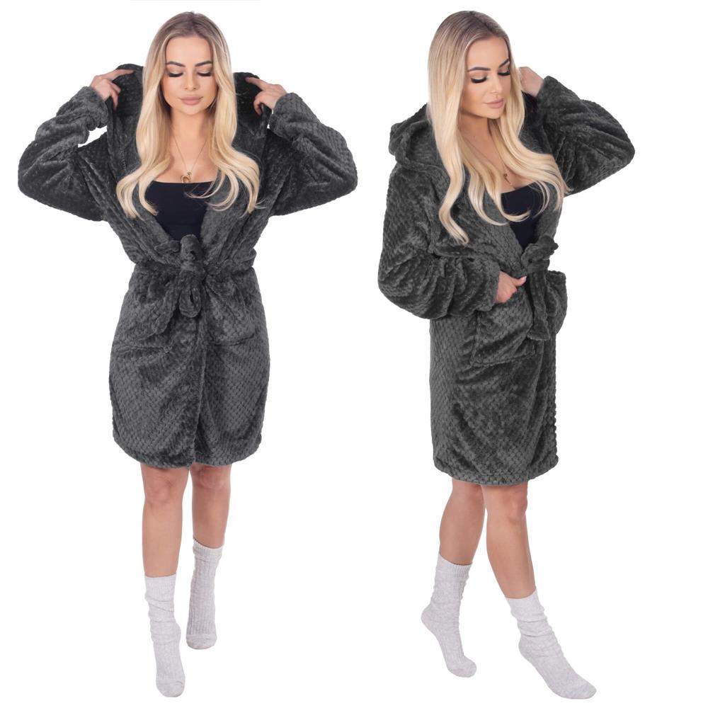 Halat de baie damă cu glugă, pufos, gri închis, mărimea S/M