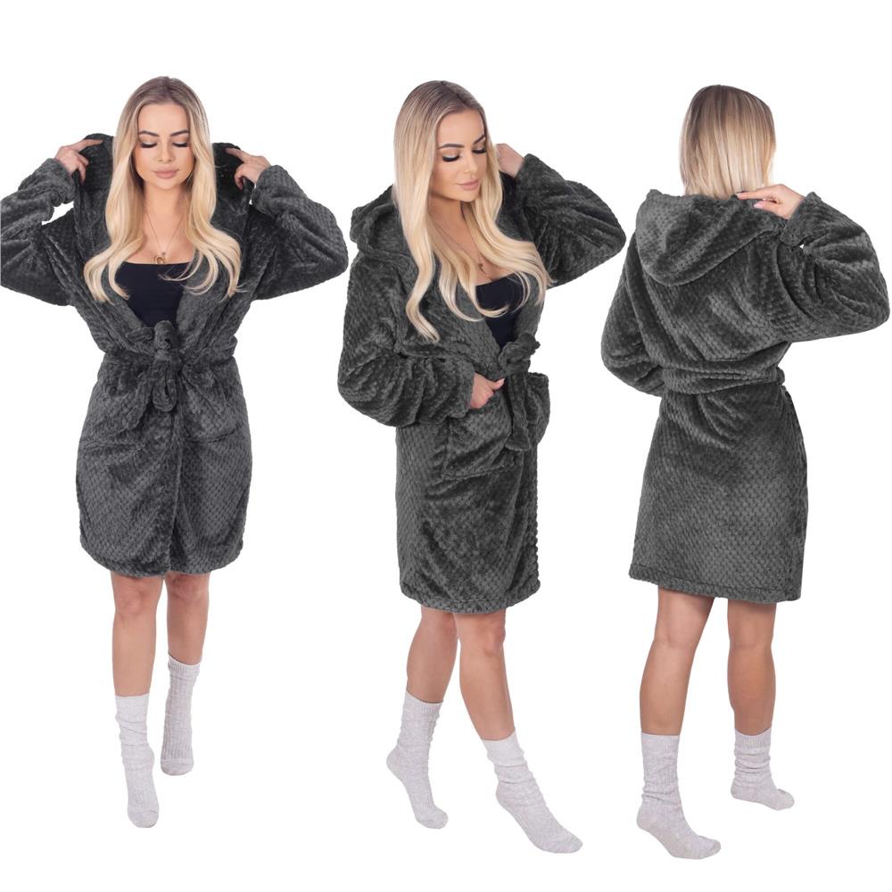 Halat de baie damă cu glugă, pufos, gri închis, mărimea S/M