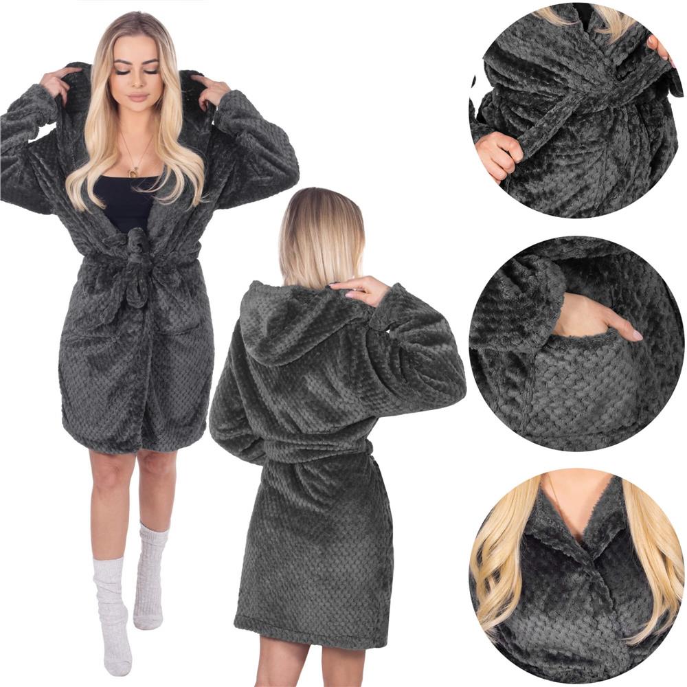 Halat de baie damă cu glugă, pufos, gri închis, mărimea S/M