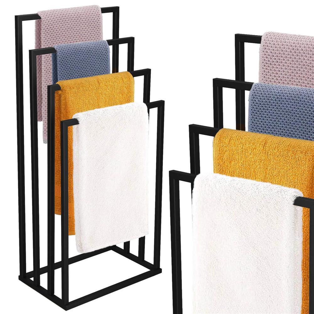 Suport pentru prosoape de baie din metal, cu 4 bare, 96 cm, negru mat