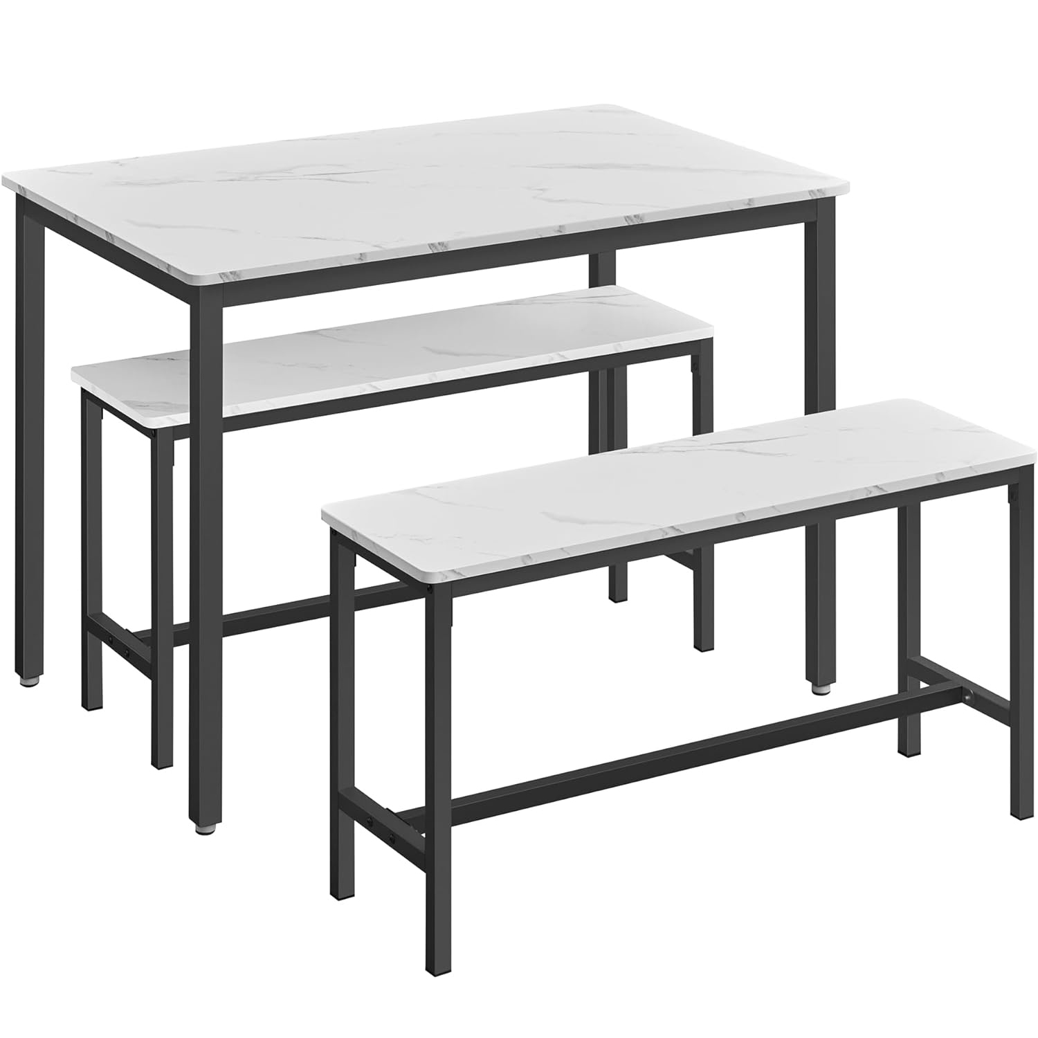 VASAGLE masa de bar cu 2 banci, design industrial, alb marmura, 110 x 70 cm