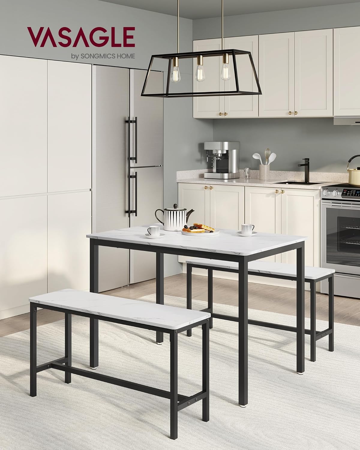 VASAGLE masa de bar cu 2 banci, design industrial, alb marmura, 110 x 70 cm