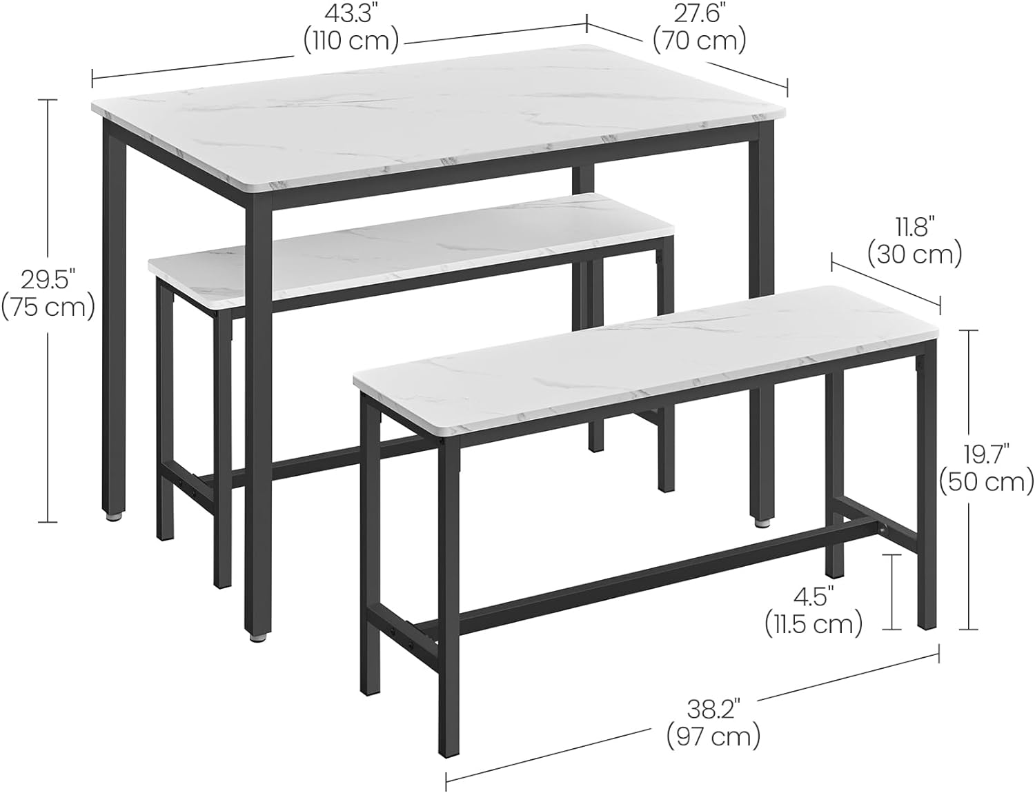 VASAGLE masa de bar cu 2 banci, design industrial, alb marmura, 110 x 70 cm
