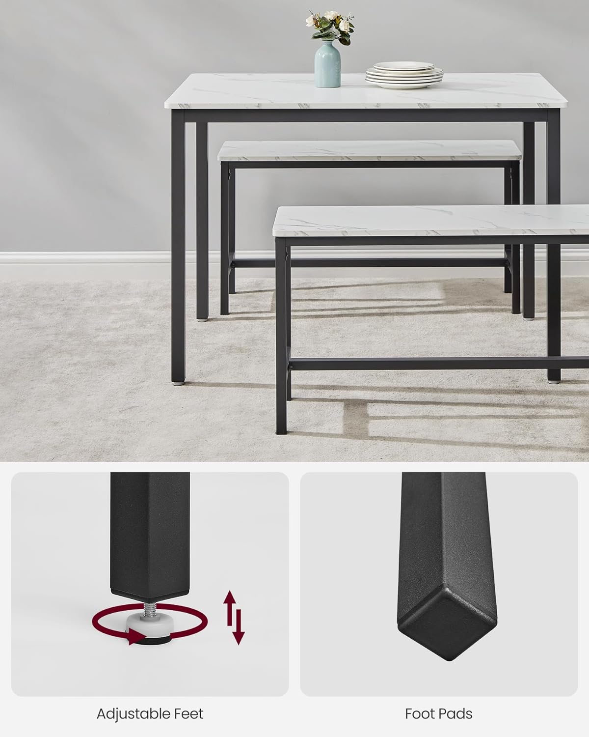 VASAGLE masa de bar cu 2 banci, design industrial, alb marmura, 110 x 70 cm