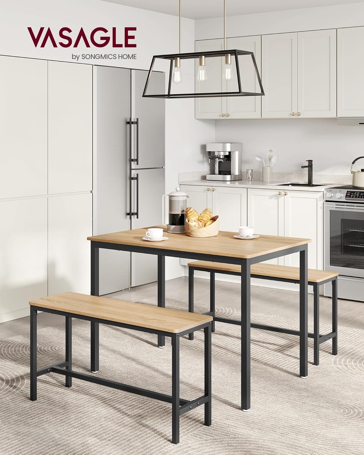 Masă de bar VASAGLE cu 2 bănci, design industrial, 110x70x75 cm, stejar natur