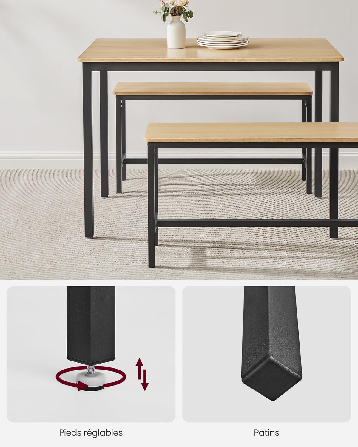 Masă de bar VASAGLE cu 2 bănci, design industrial, 110x70x75 cm, stejar natur