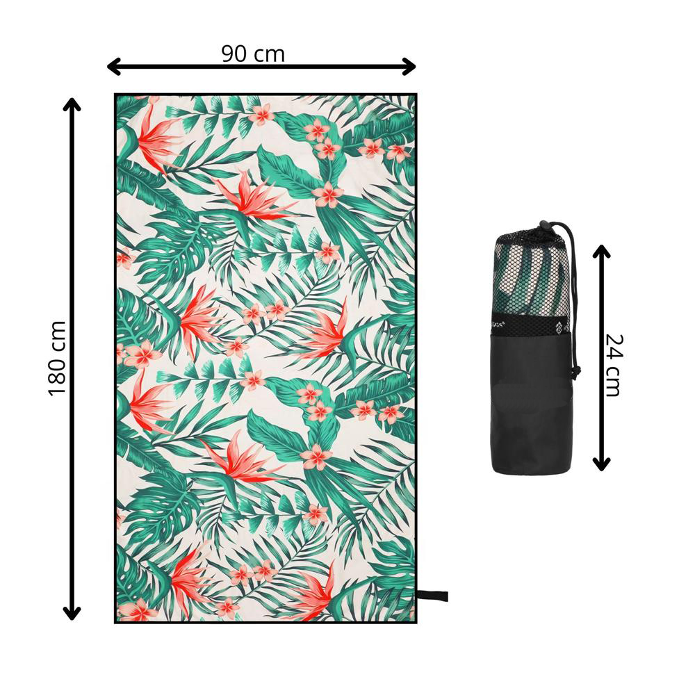 Prosop de plajă din microfibră, uscare rapidă, cu husă, 90x180 cm, floral