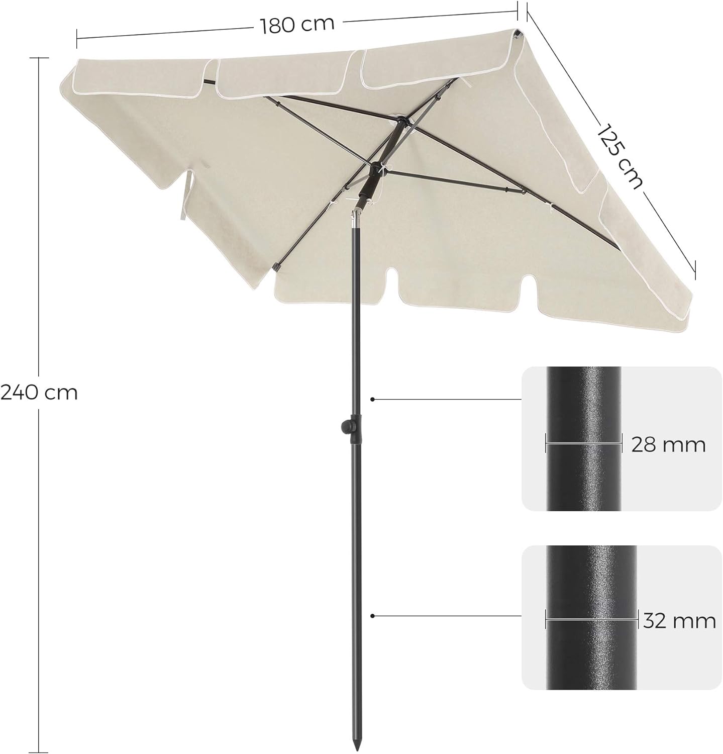 Umbrelă pentru balcon, terasă sau plajă Songmics, înclinabilă, 180x125 cm, bej