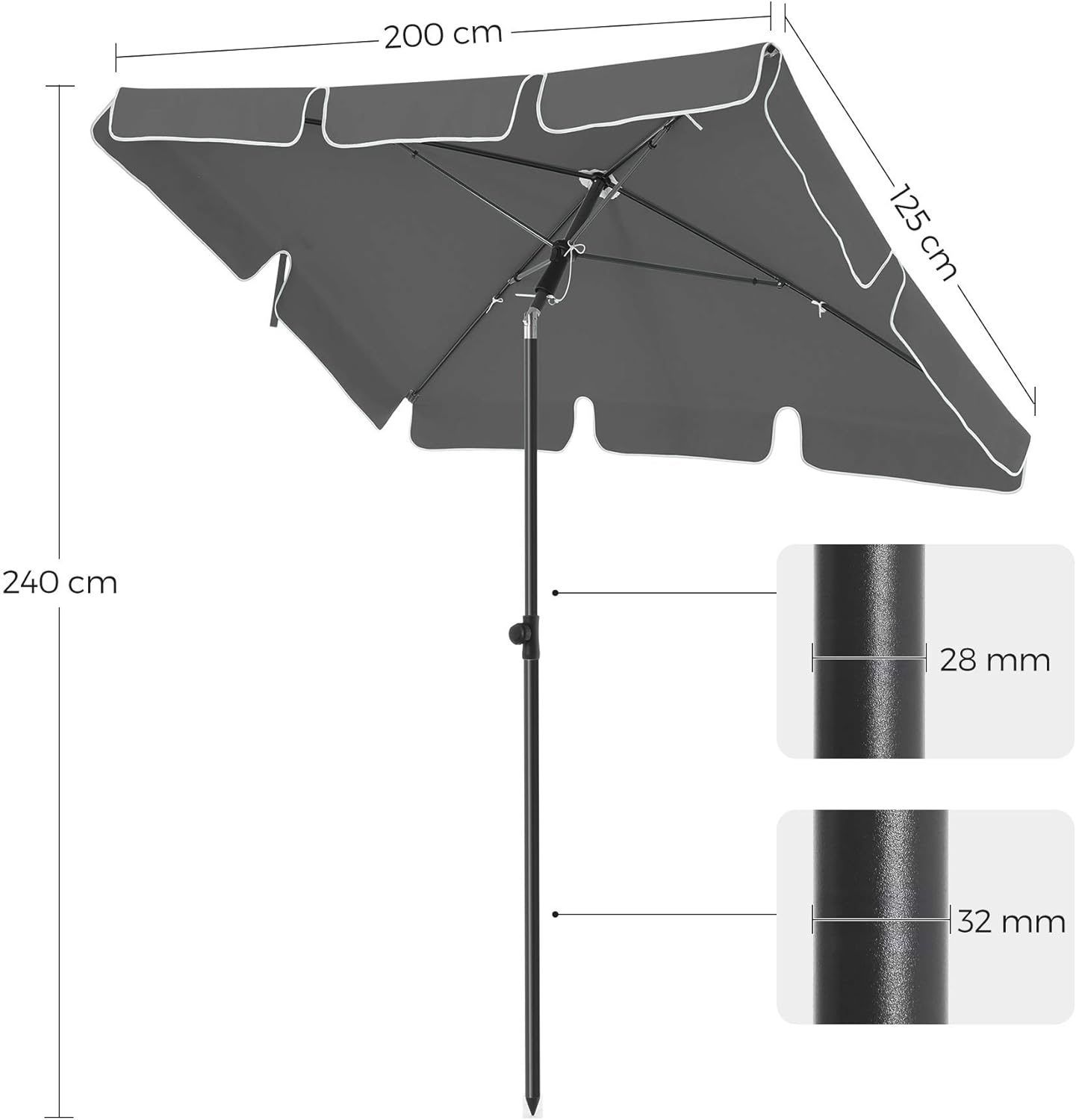 Umbrelă SONGMICS pentru balcon, terasă și plajă, cu înclinare, husă, 200x125 cm, gri