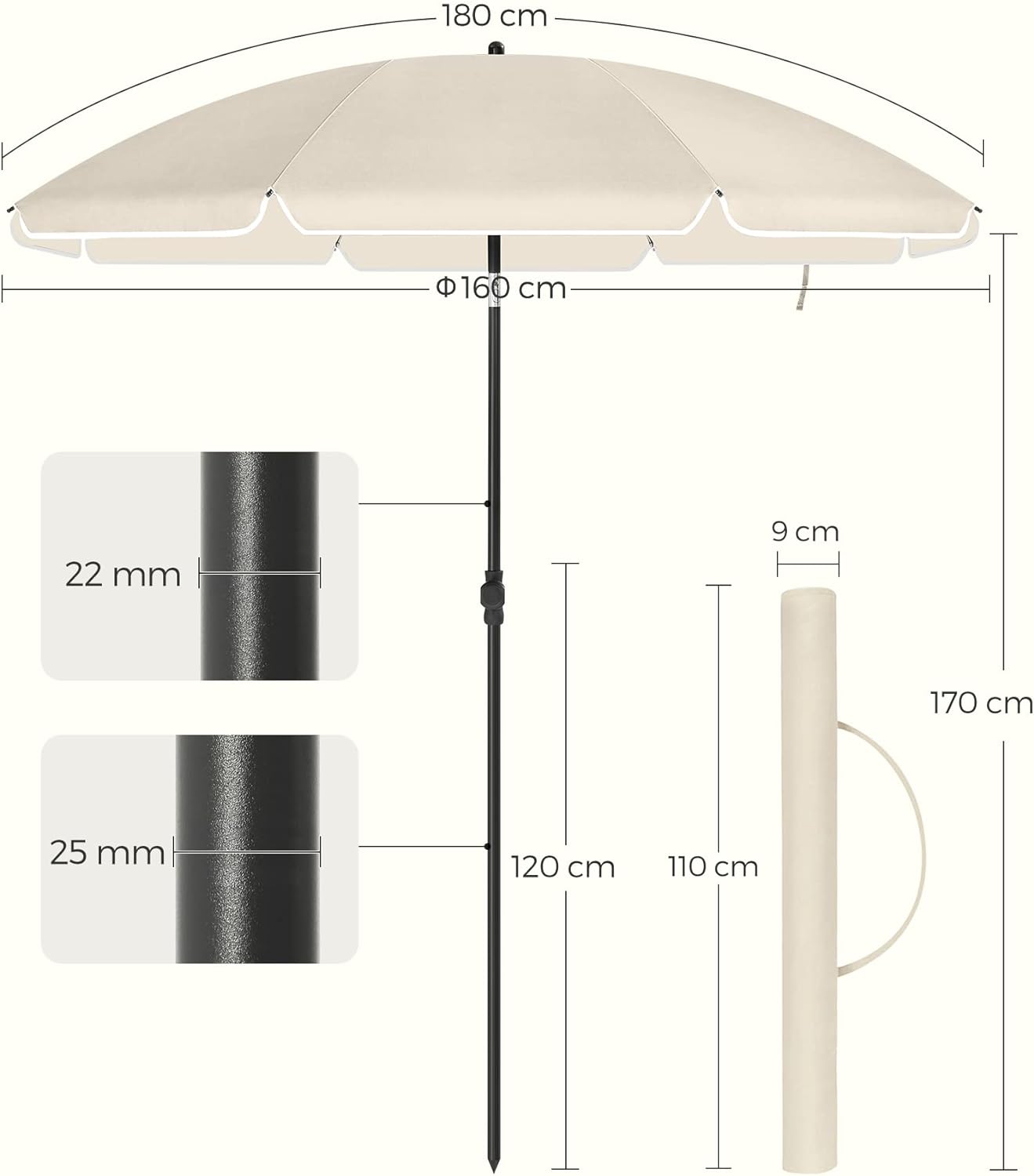 Umbrela de plaja, terasa si balcon Songmics, inclinabila, 160 cm, bej