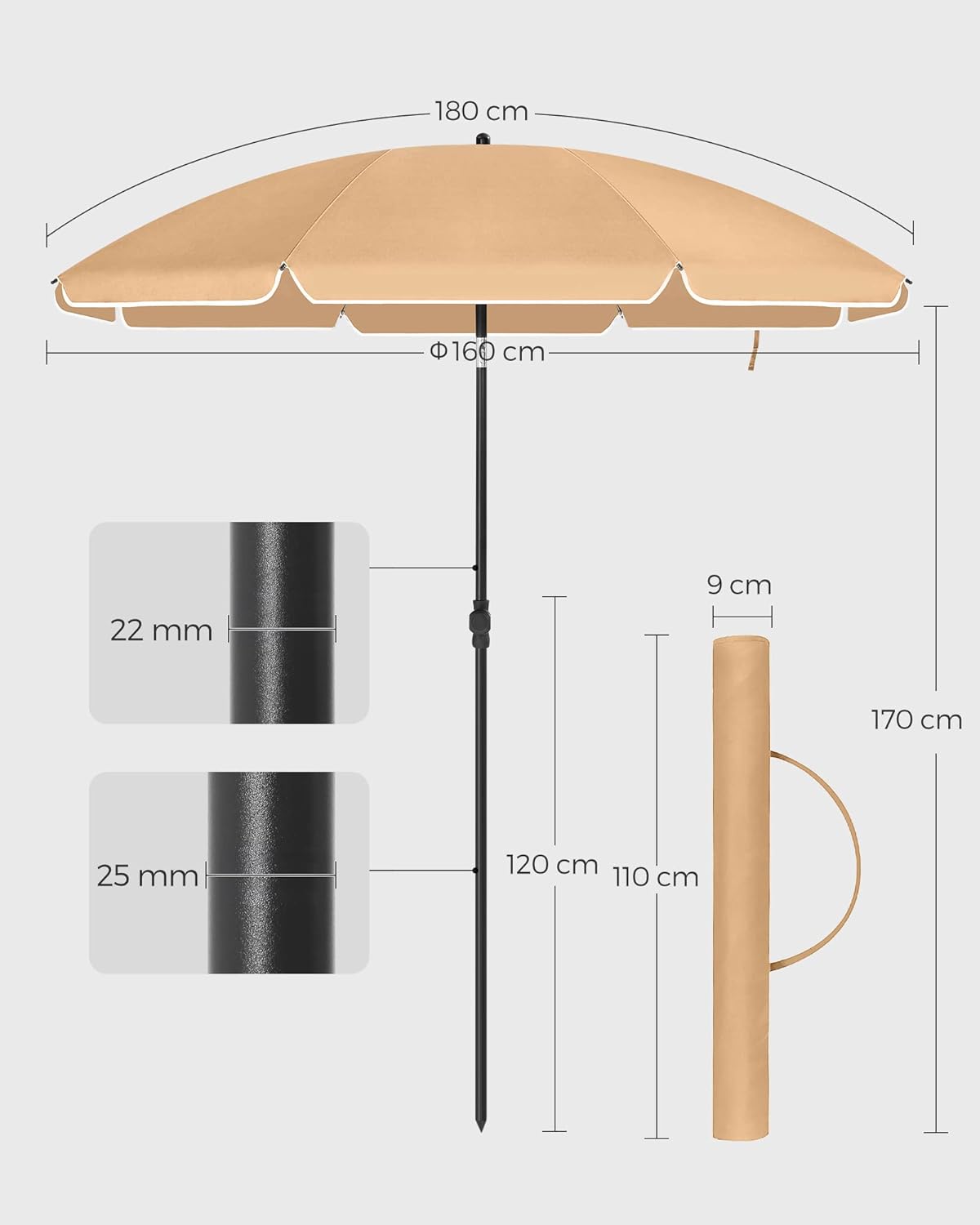 Umbrelă Songmics pentru plajă, terasă sau balcon, 160 cm, cu înclinare, taupe