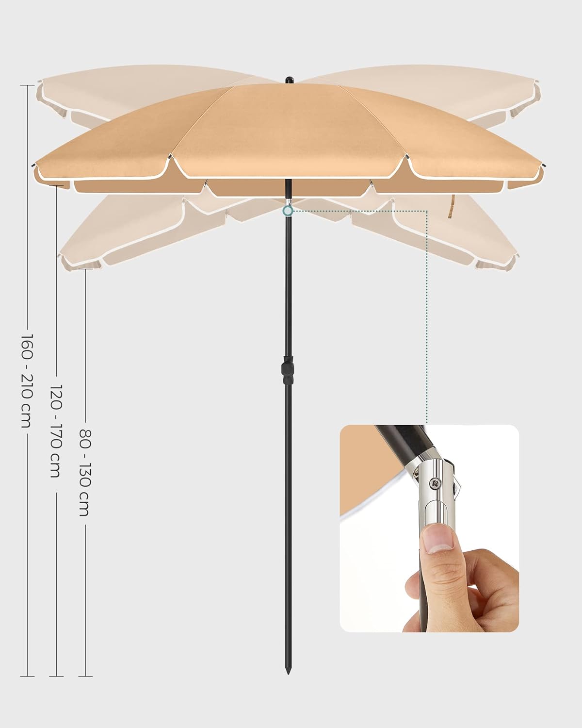 Umbrelă Songmics pentru plajă, terasă sau balcon, 160 cm, cu înclinare, taupe
