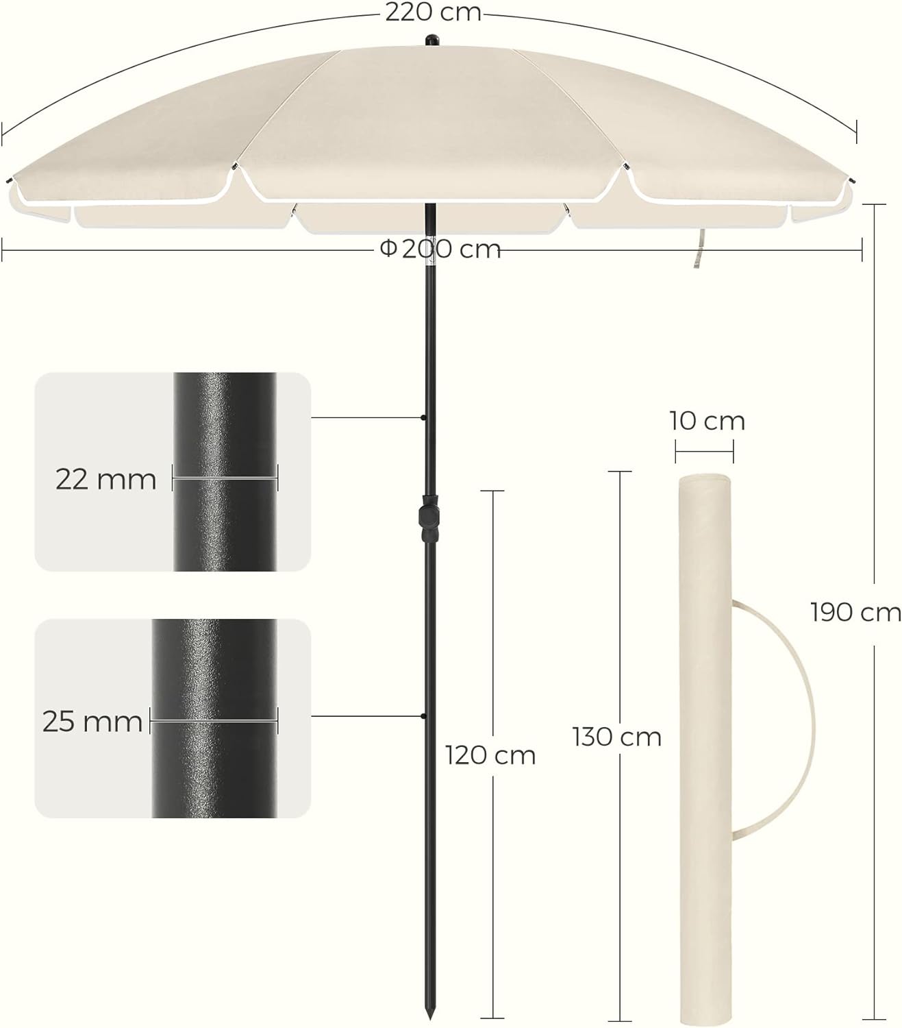 Umbrelă de plajă și terasă Songmics, inclinabilă, 200 cm, bej