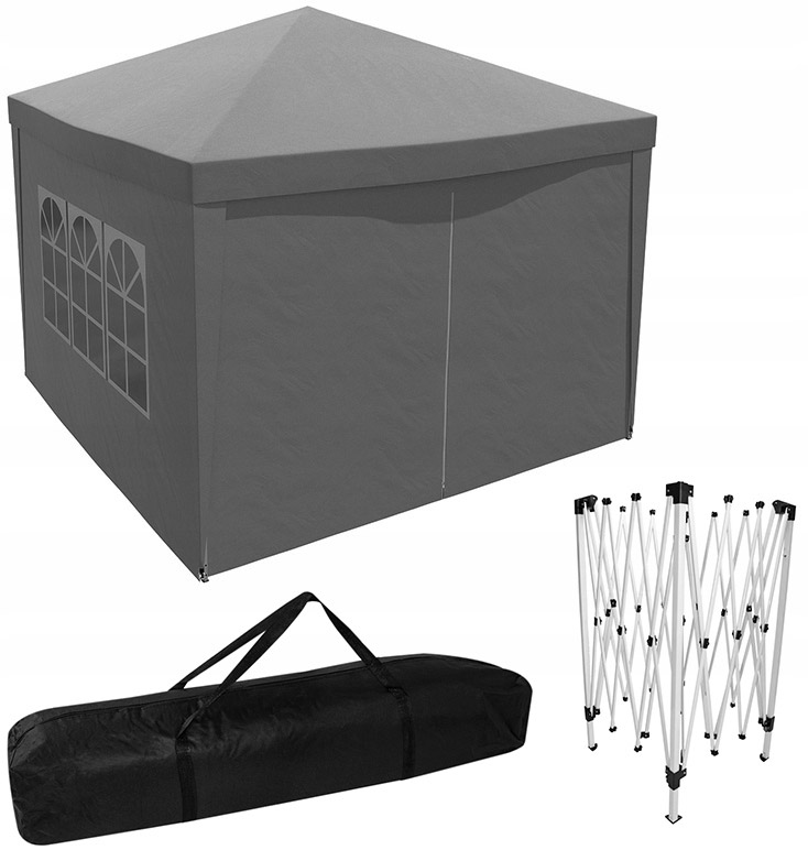 Cort pavilion de gradina pliabil pop-up 3x3 m, impermeabil, cu 4 pereti, gri