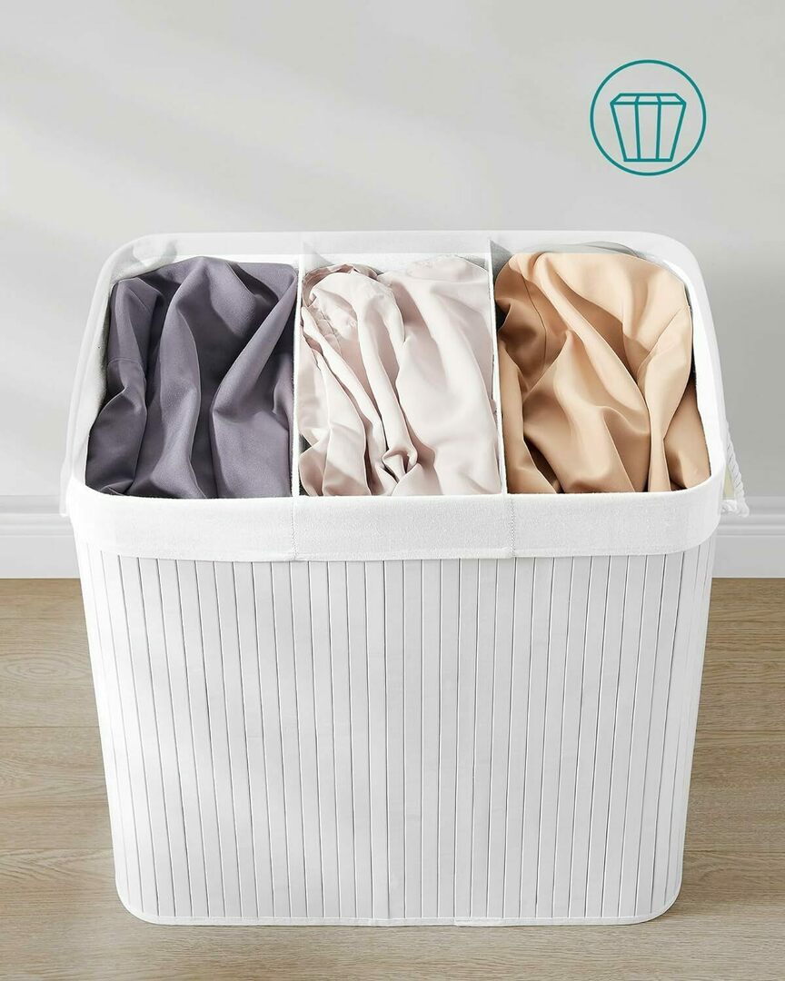 Cos de rufe Songmics din bambus, pliabil, 3 compartimente, 150L, alb
