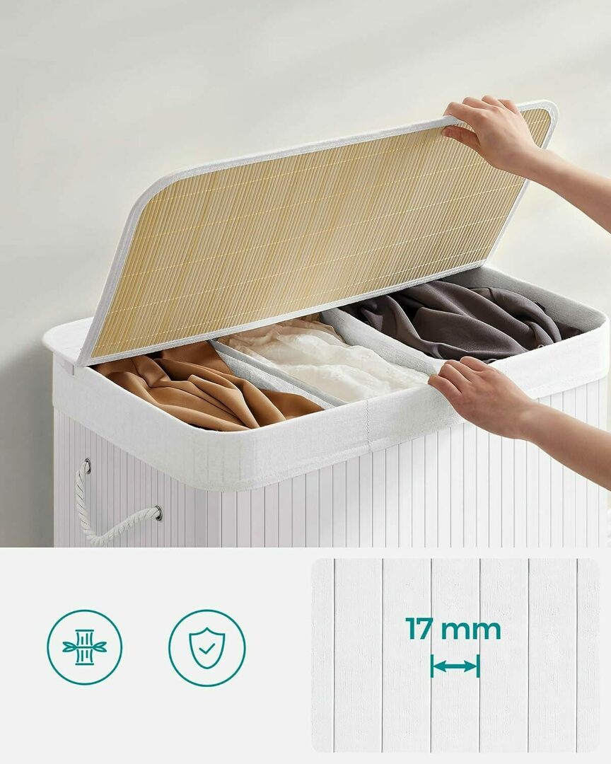 Cos de rufe Songmics din bambus, pliabil, 3 compartimente, 150L, alb