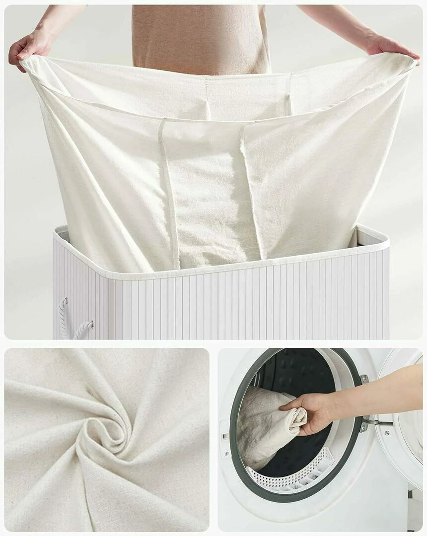 Cos de rufe Songmics din bambus, pliabil, 3 compartimente, 150L, alb