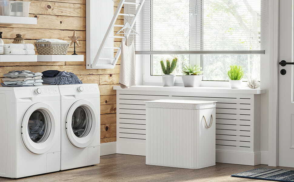 Cos de rufe Songmics din bambus, pliabil, 3 compartimente, 150L, alb