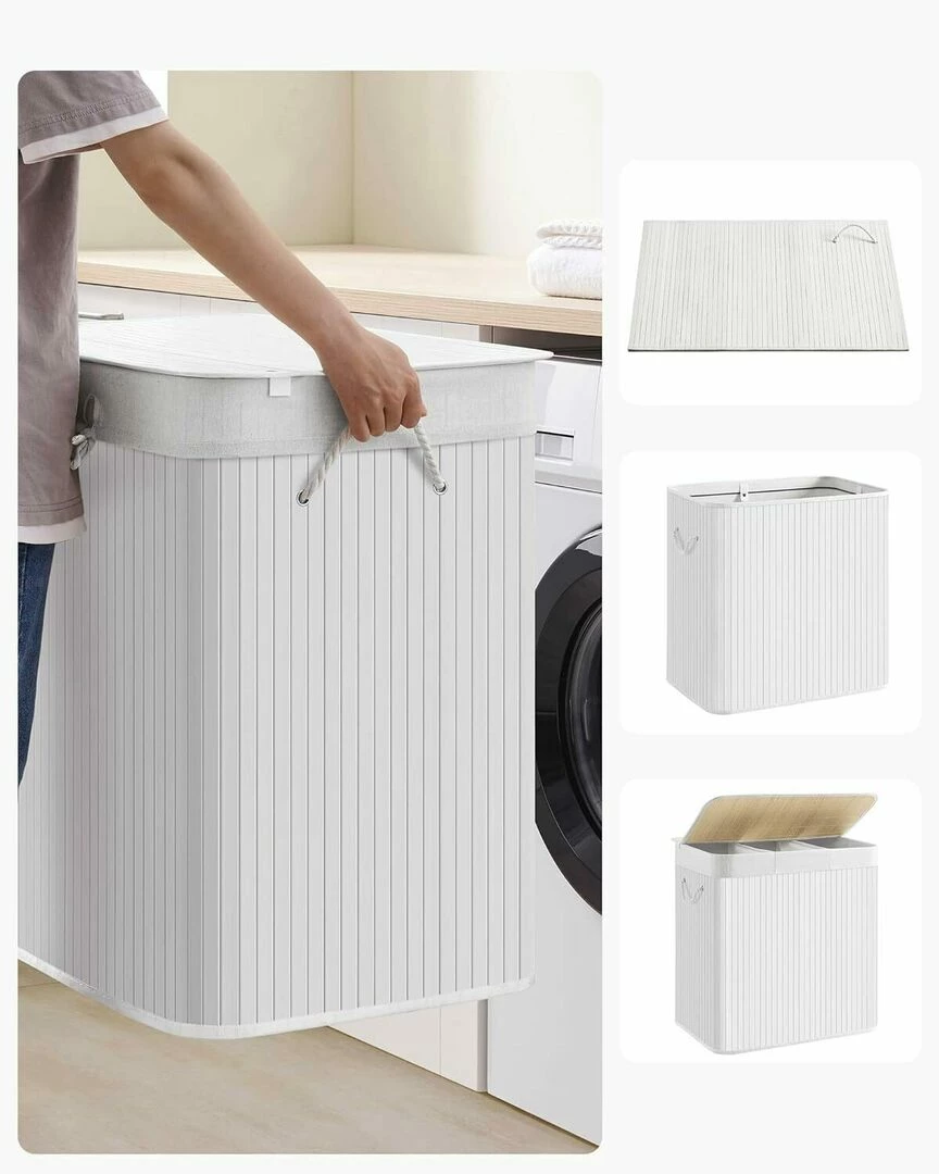 Cos de rufe Songmics din bambus, pliabil, 3 compartimente, 150L, alb