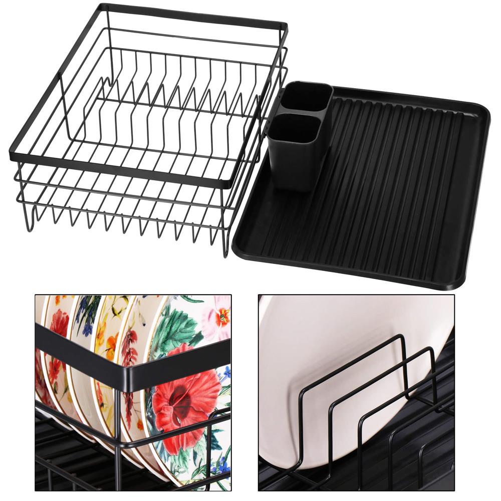 Uscator de vase cu suport tacamuri, din otel, cu tava de scurgere, 42x32x15cm, negru