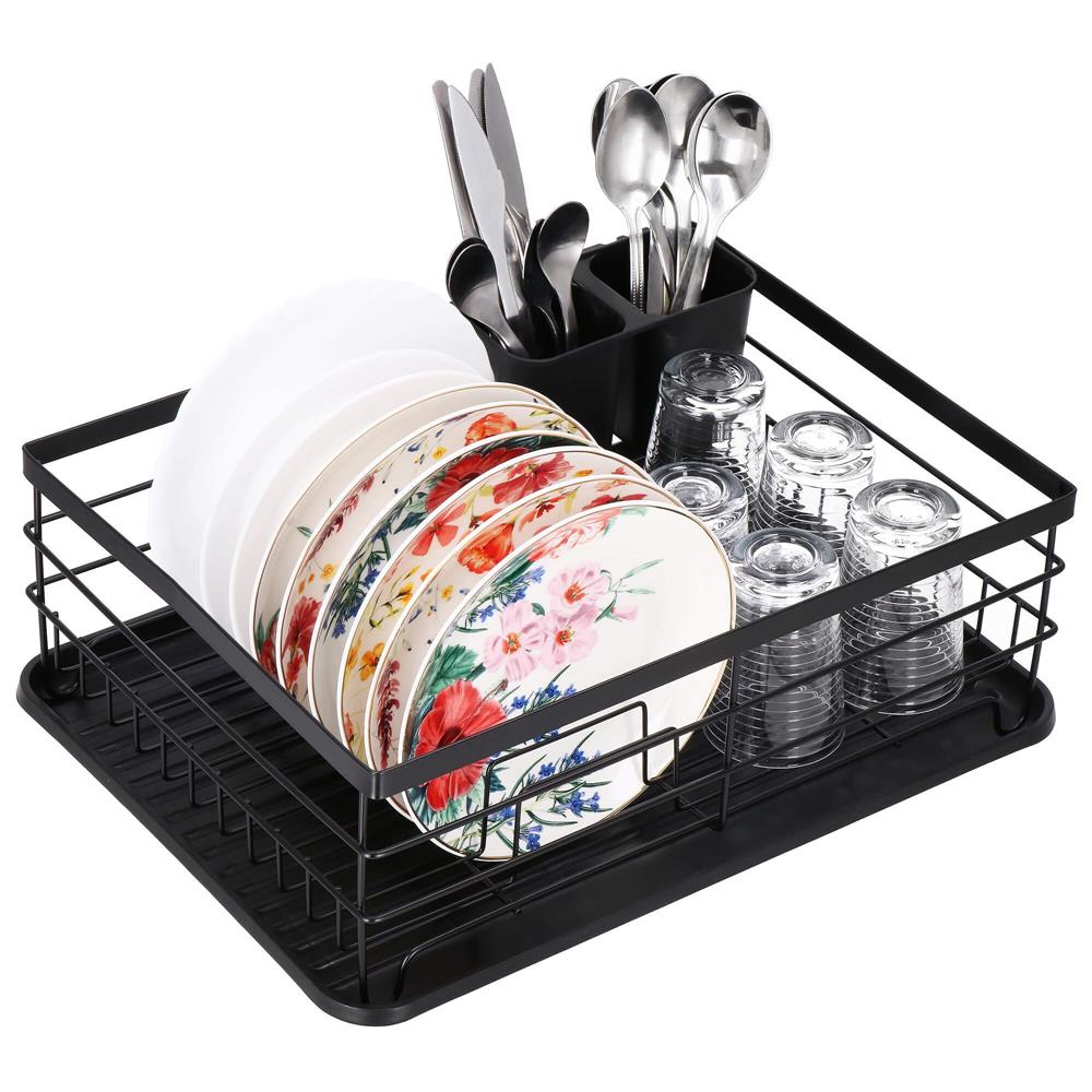 Uscator de vase cu suport tacamuri, din otel, cu tava de scurgere, 42x32x15cm, negru
