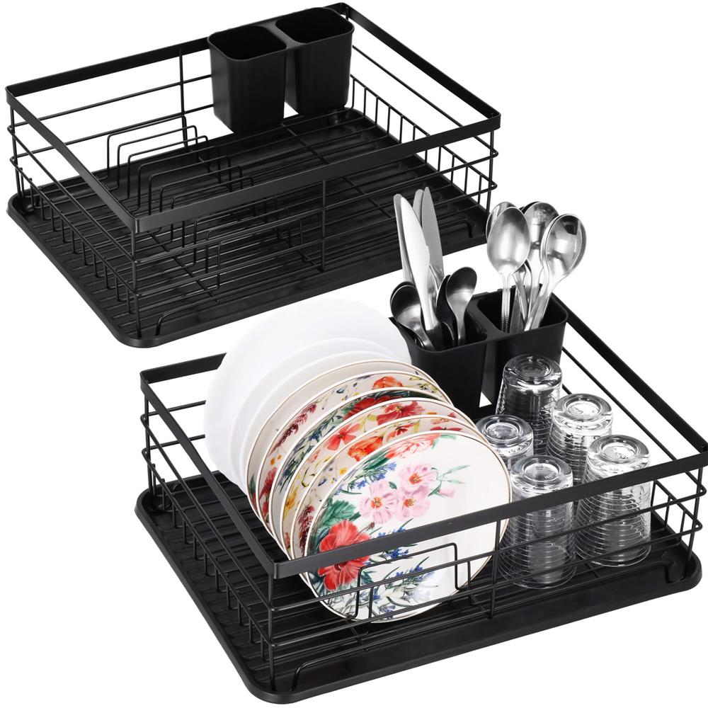 Uscator de vase cu suport tacamuri, din otel, cu tava de scurgere, 42x32x15cm, negru