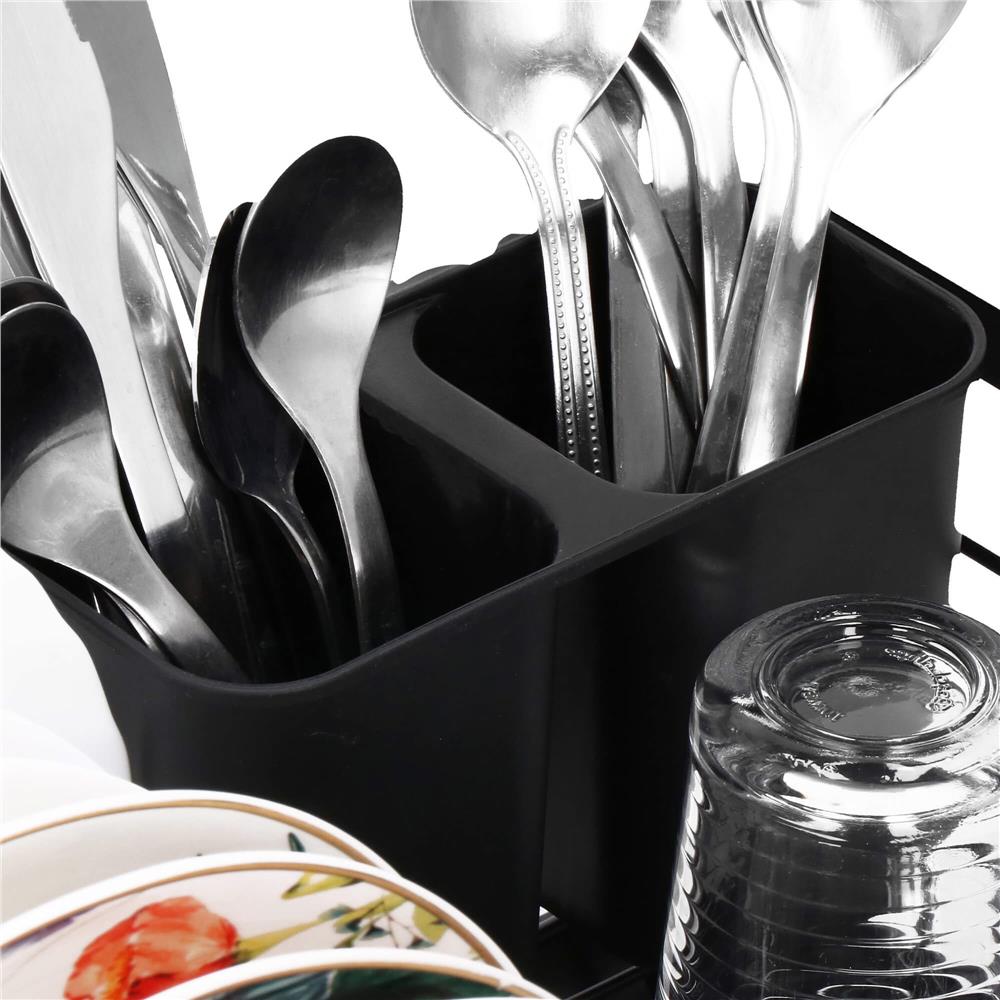 Uscator de vase cu suport tacamuri, din otel, cu tava de scurgere, 42x32x15cm, negru