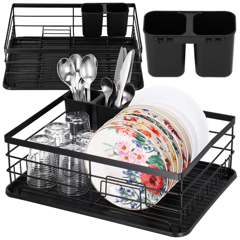 Uscator de vase cu suport tacamuri, din otel, cu tava de scurgere, 42x32x15cm, negru