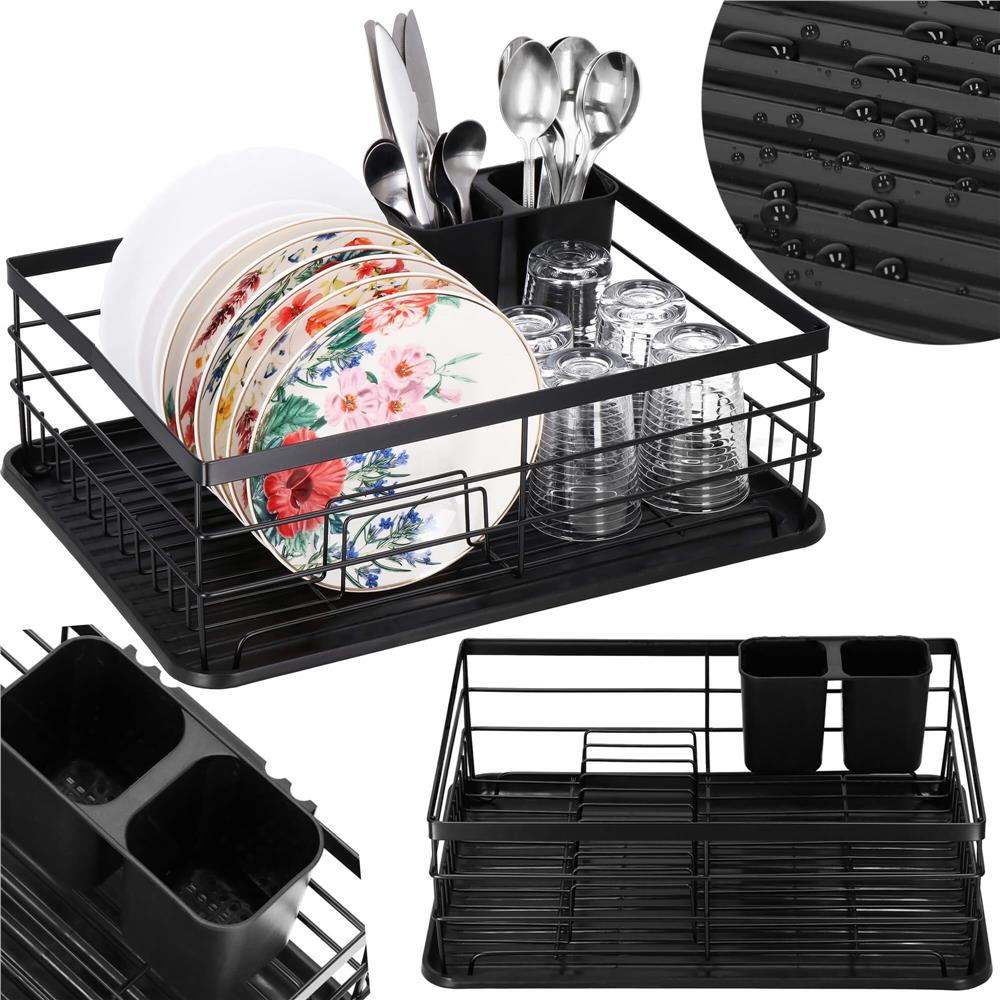 Uscator de vase cu suport tacamuri, din otel, cu tava de scurgere, 42x32x15cm, negru