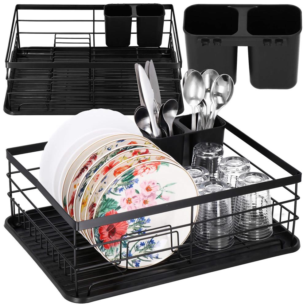Uscator de vase cu suport tacamuri, din otel, cu tava de scurgere, 42x32x15cm, negru
