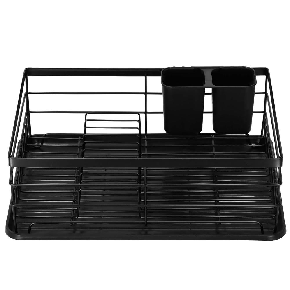 Uscator de vase cu suport tacamuri, din otel, cu tava de scurgere, 42x32x15cm, negru