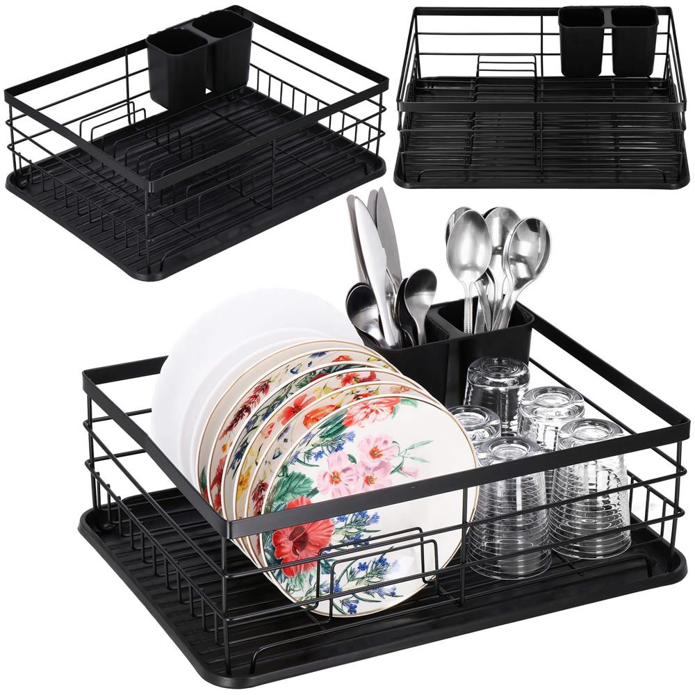 Uscator de vase cu suport tacamuri, din otel, cu tava de scurgere, 42x32x15cm, negru